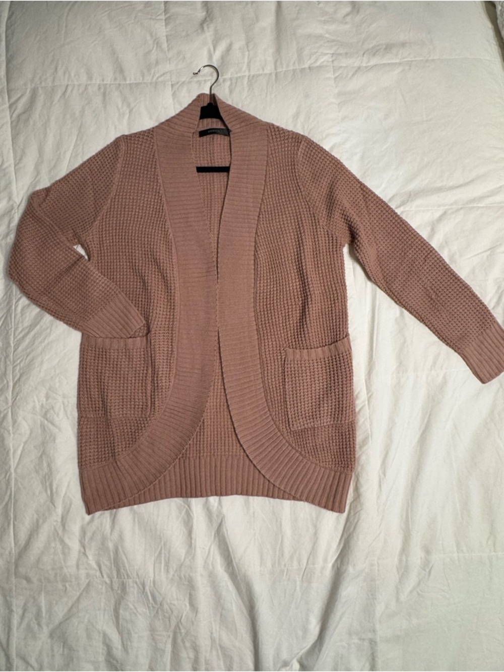 Open-Front Mauve Knit Cardigan with Patch Pockets